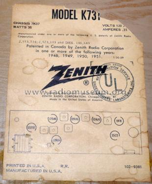 K731L Ch= 7K07; Zenith Radio Corp.; (ID = 2065276) Radio