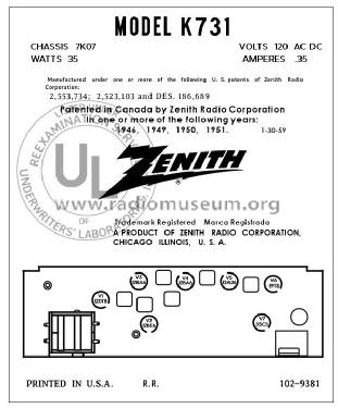 K731W Ch= 7K07; Zenith Radio Corp.; (ID = 2863331) Radio