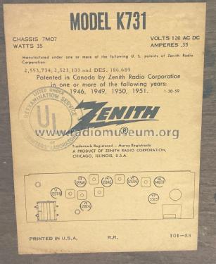 K731W Ch= 7K07; Zenith Radio Corp.; (ID = 2976497) Radio