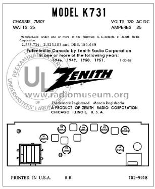 K731W Ch= 7M07; Zenith Radio Corp.; (ID = 2863320) Radio