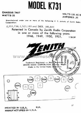 K731W Ch= 7K07; Zenith Radio Corp.; (ID = 1051374) Radio