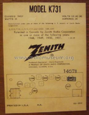 K731W Ch= 7M07; Zenith Radio Corp.; (ID = 381047) Radio