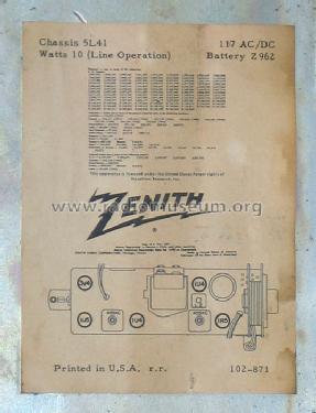 L505 Ch= 5L41; Zenith Radio Corp.; (ID = 284063) Radio