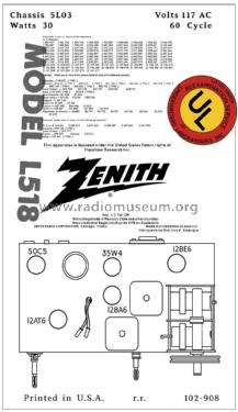 L518 Clock Radio Ch= 5L03; Zenith Radio Corp.; (ID = 2806286) Radio