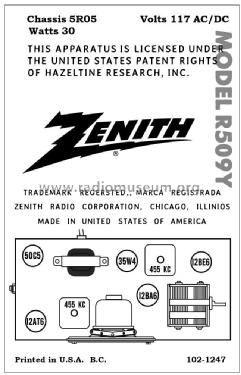 R509Y Ch=5R05; Zenith Radio Corp.; (ID = 2791177) Radio