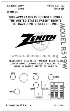 R519W Ch= 5R07; Zenith Radio Corp.; (ID = 2801092) Radio