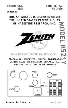 R521Y Ch=5R03; Zenith Radio Corp.; (ID = 2801097) Radio