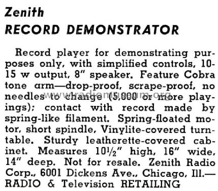 Record Demonstrator ; Zenith Radio Corp.; (ID = 1296345) R-Player
