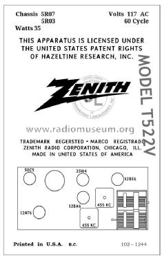 T522V Ch= 5R07; Zenith Radio Corp.; (ID = 2801101) Radio