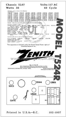 T524R Ch= 5L07; Zenith Radio Corp.; (ID = 2806425) Radio