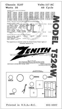 T524W Ch= 5L07; Zenith Radio Corp.; (ID = 2806423) Radio