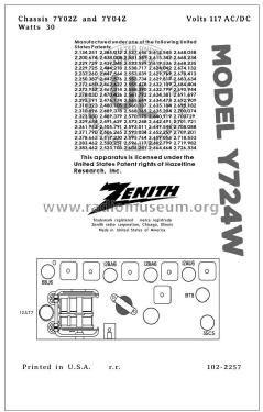 Y724W Ch=7Y02Z; Zenith Radio Corp.; (ID = 2806293) Radio