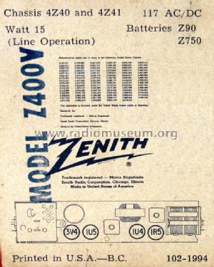 Z400V Carnival Ch= 4Z40; Zenith Radio Corp.; (ID = 1306424) Radio