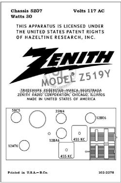 Z519Y Ch= 5Z07; Zenith Radio Corp.; (ID = 2787982) Radio