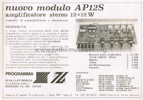 Amplificatore Stereo 12 + 12 W AP12S; Zeta Elettronica; (ID = 2749365) Verst/Mix