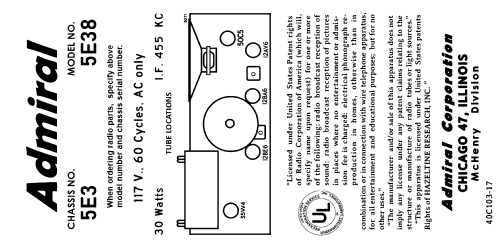 5E38 Ch= 5E3; Admiral brand (ID = 3122681) Radio