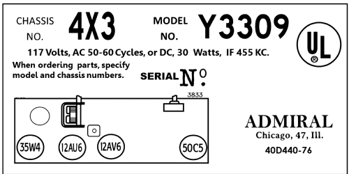 Y3309 'Minuet' Ch= 4X3; Admiral brand (ID = 3011184) Radio