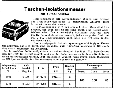 Taschen-Isolationsmesser mit Kurbelinduktor 500 V; AEG Radios Allg. (ID = 1420866) Equipment