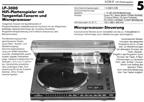 Quartz Lock Direct Drive Turntable System LP-3000; Aiwa Co. Ltd.; Tokyo (ID = 1499845) Enrég.-R