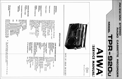 Stereo Radio Cassette Recorder TPR-920U; Aiwa Co. Ltd.; Tokyo (ID = 2089722) Radio