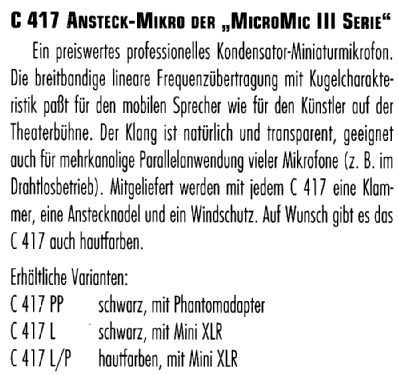 Kondensator-Ansteckmikrofon C417L; AKG Acoustics GmbH; (ID = 1505343) Microfono/PU