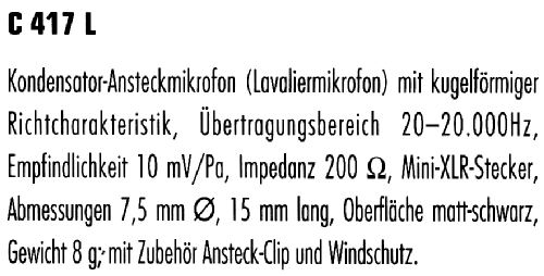 Kondensator-Ansteckmikrofon C417L; AKG Acoustics GmbH; (ID = 1505344) Mikrofon/TA