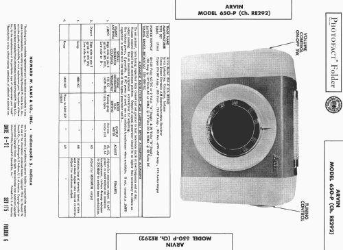 650P Ch= RE292; Arvin, brand of (ID = 426780) Radio