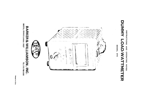 Dummy Load - Wattmeter 374; Barker & Williamson (ID = 2223896) Equipment