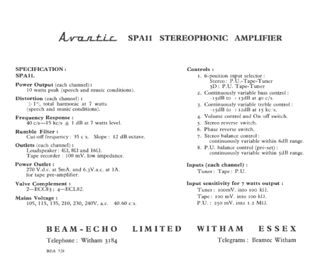 Avantic Stereophonic Amplifier SPA 11; Beam Echo Ltd.; (ID = 2769075) Ampl/Mixer