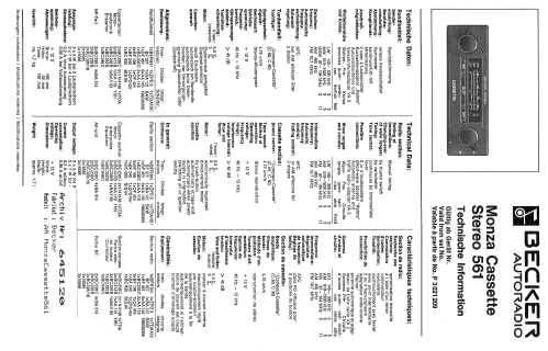 Monza Cassette Stereo 561; Becker, Max Egon, (ID = 716030) Car Radio