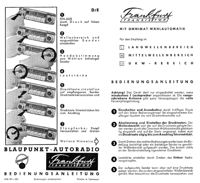 Frankfurt Transistor ab Q 500001; Blaupunkt Ideal, (ID = 1611970) Car Radio