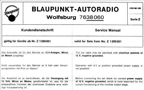 Wolfsburg III 7.638.060 ab Z 1200001; Blaupunkt Ideal, (ID = 1001724) Car Radio