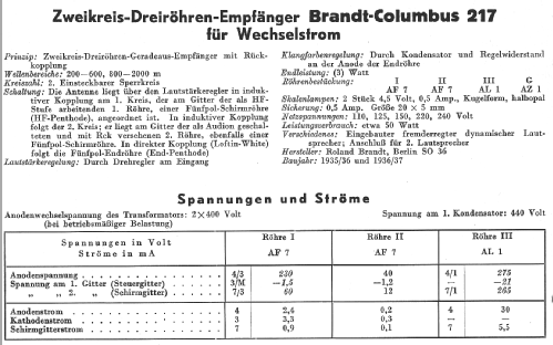 Columbus 217W; Brandt Roland Brandt (ID = 13928) Radio