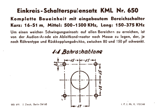 Einkreis Schalter-Spulensatz KML650; Brandt Roland Brandt (ID = 3204060) mod-past25