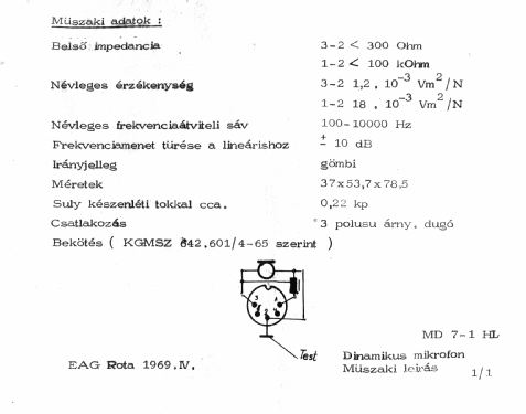 Dynamic Microphone MD7-1HL EAG; BEAG - Budapesti (ID = 2271722) Microphone/PU