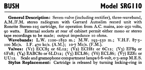 SRG110; Bush Radio; London (ID = 773100) Radio