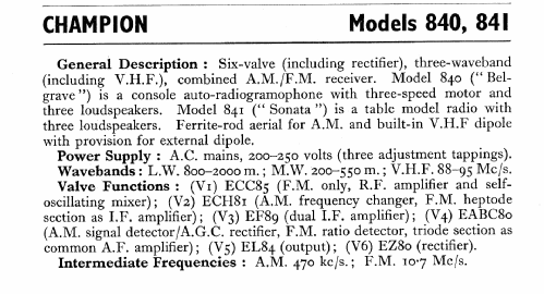 Sonata 841; Champion Electric, (ID = 557725) Radio