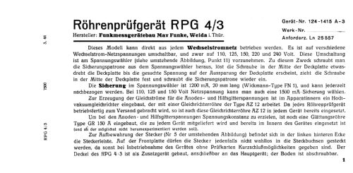 Röhrenprüfgerät RPG4/3 124-1415 A-3; Funke, Max, Weida/Th (ID = 57174) Ausrüstung