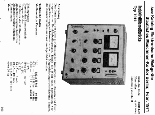 Induktivitätsmessbrücke 1012; Funkwerk Erfurt, VEB (ID = 924876) Equipment