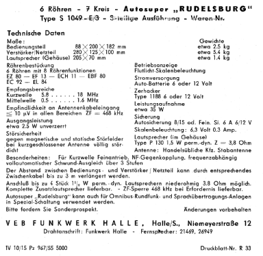 Rudelsburg S1049E/3; Funkwerk Halle FWH, (ID = 1178724) Autoradio