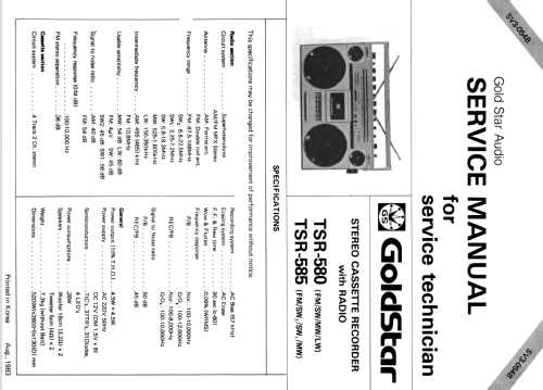 Stereo Cassette Recorder TSR-580; Gold Star Co., Ltd., (ID = 1590773) Radio