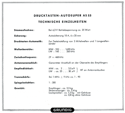 Drucktasten-Autosuper AS53; Grundig Radio- (ID = 1558955) Car Radio