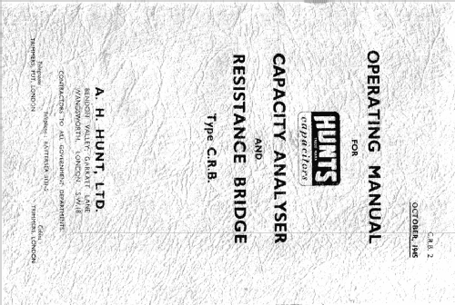 Capacitance and Resistor Analys C.R.B.; Hunts, A.H. Hunt Ltd (ID = 420998) Equipment