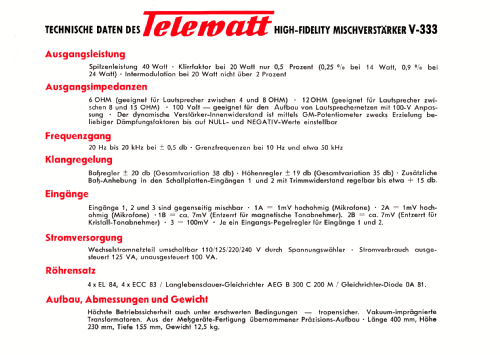 Telewatt Mischverstärker V-333 Hi-Fi; Klein & Hummel; (ID = 2575653) Ampl/Mixer
