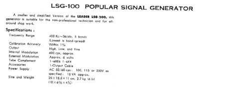 Signal Generator LSG-100; Leader Electronics (ID = 238012) Equipment