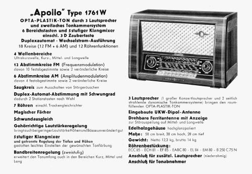 Apollo 1761W; Loewe-Opta; (ID = 2801603) Radio