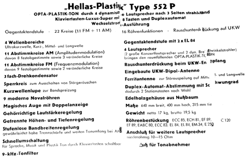 Hellas Plastik 552W/P; Loewe-Opta; (ID = 125378) Radio