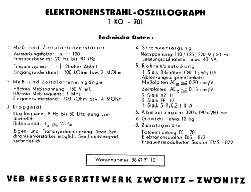 Einstrahl-Oszillograph 1KO-701; Messgerätewerk (ID = 2491202) Equipment