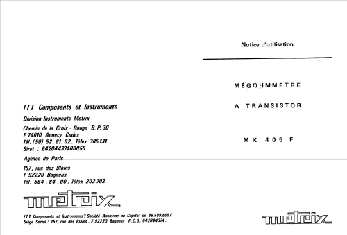 ITT Metrix Mégohmmètre MX405F; Metrix, Compagnie (ID = 1712012) Equipment