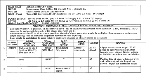 Airline Gen-1103A; Montgomery Ward & Co (ID = 1724056) Radio